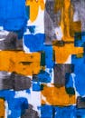 Dynamic abstract painting featuring bold blue and orange hues with textured patterns.